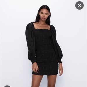 ​Zara Black Waxed Coated Puff Sleeve Shirred Mini Dress Small